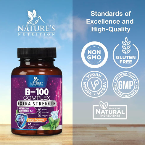B Complex Vitamins with B1 B2 B3 B6 B12 C & Folic Acid, 60 Vegan Capsules for Energy, Brain & Immune Support