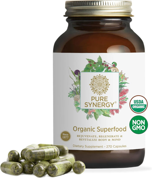PURE SYNERGY Superfood Capsules - Organic Superfood & Greens Supplement with Spirulina & Mushrooms for Energy and