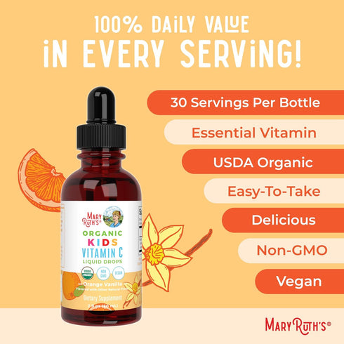 MaryRuth Organics USDA Kids Vitamin C Drops, Vegan Immune Support Supplement for Ages 4-13, 2oz