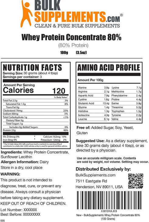 BulkSupplements.com Whey Protein Concentrate Powder 80%, Unflavored, Gluten Free, 30g per Serving, 100g