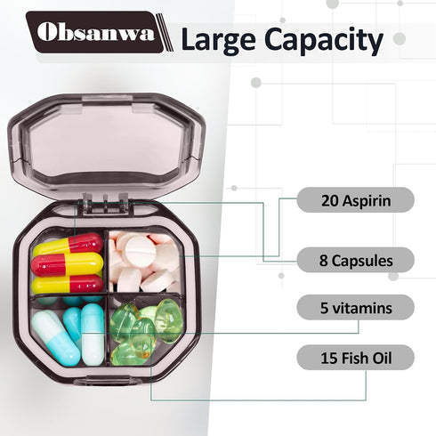 Obsanwa 2 Pack 4 2-Inch Small Pill Organizer, Compartment Pill Box for Travel, Portable Pocket Pill Case for Purse