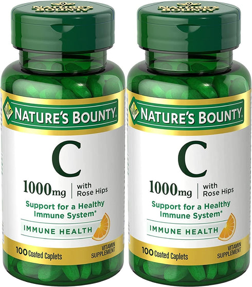 Nature’s Bounty Vitamin C + Rose HIPS, 1000mg, Coated Caplets, 100 Ct - Pack of 2, Immune Support