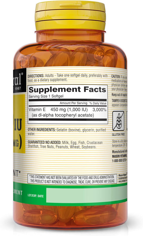 MASON NATURAL Vitamin E 450 mg (1,000 IU) - Antioxidant and Essential Nutrient, Healthy Immune System, Skin and Eyes, Whole Body Supplement, 50 Softgels