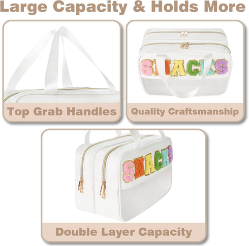 Snack Bags for Travel, Varsity Letter Pouch, Clear Toiletry Bag, Preppy Cosmetic Bag for Women, PU Leather