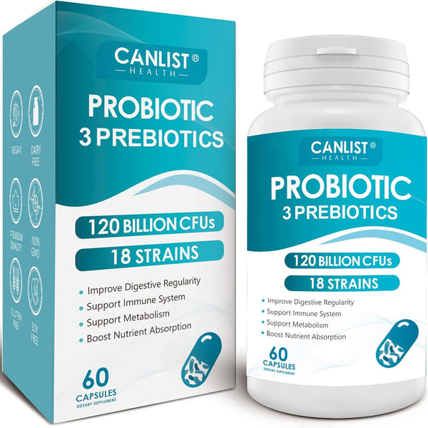 Probiotics 120 Billion CFUs | 60 Vegetarian Capsules | 18 Strains, 3 Prebiotics & Digestive Enzymes for Digestive &