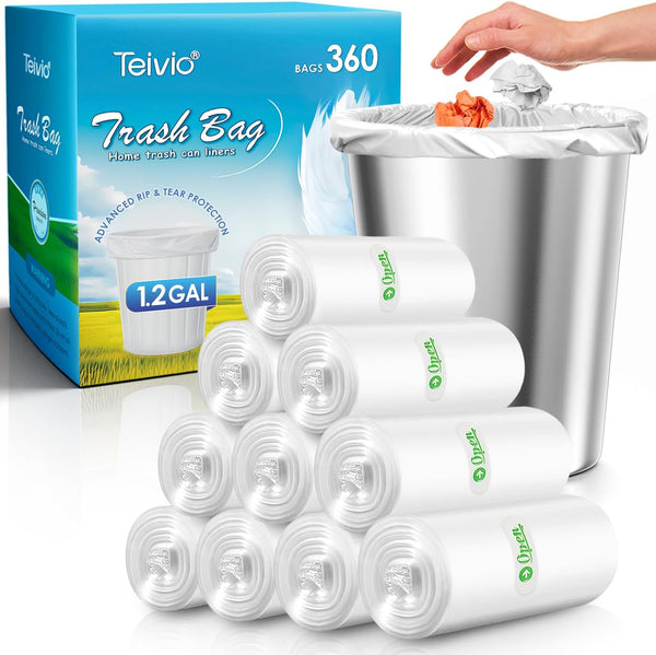 Teivio 1.2 Gallon Strong Trash Bags, 360 Counts, Clear Garbage Bags for Bathroom, Home Office Kitchen