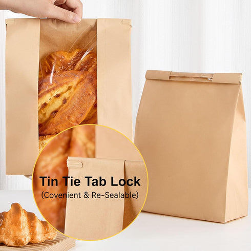 Ocmoiy 100Pcs 13.7x8.2x3.5 Inch Tin Tie Tab Lock Large Paper Bread Bags for Homemade Sourdough Bread Bags Resealable
