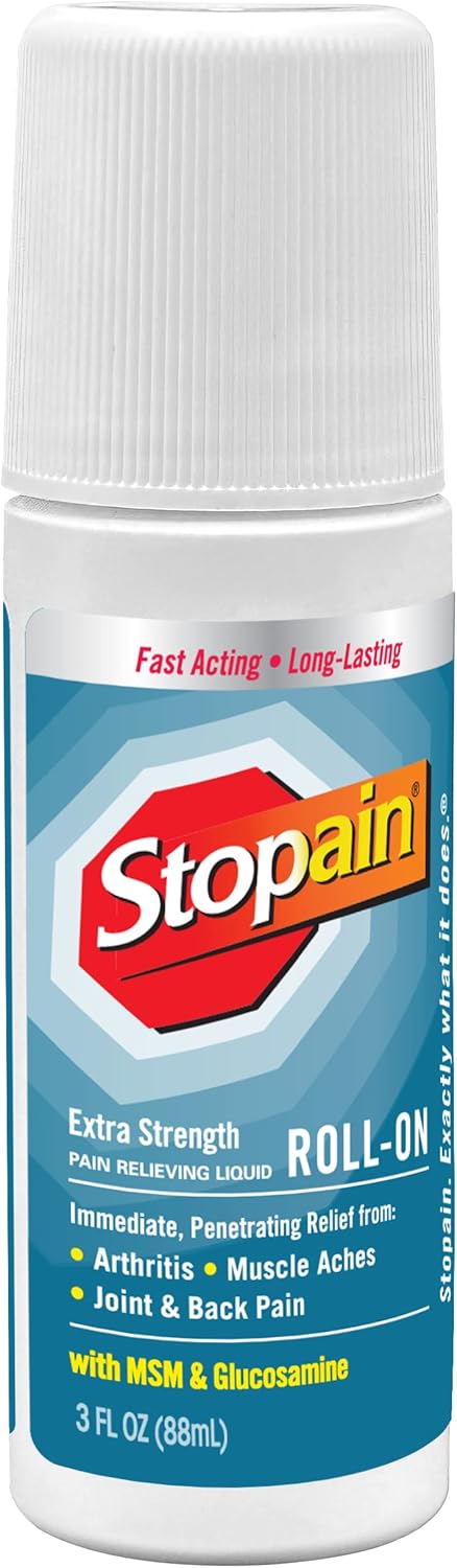 Stopain Pain Relief Roll On Gel, 3oz, USA Made, Max Strength Fast Acting with MSM, Glucosamine, Menthol for Arthritis,