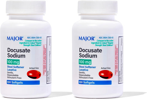 MAJOR Docusate Sodium 100 mg - Stool Softener Laxative Softgels for Constipation Relief, 100 Count (2 Pack)