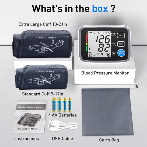 Upper Arm Blood Pressure Monitor, 2 Cuff Sizes, Automatic Digital BP Machine for Home Use