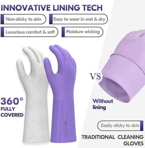 Vgo... 2 Pairs Reusable Household Gloves, Innovative Lined Dishwashing Gloves, Long Sleeves Kitchen Gloves (Violet&Pink)