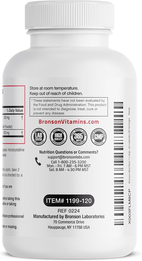 Bronson Beet Root + L-Arginine 2000 MG Nitric Oxide Production Supplement, Non-GMO, 120 Vegetarian Capsules