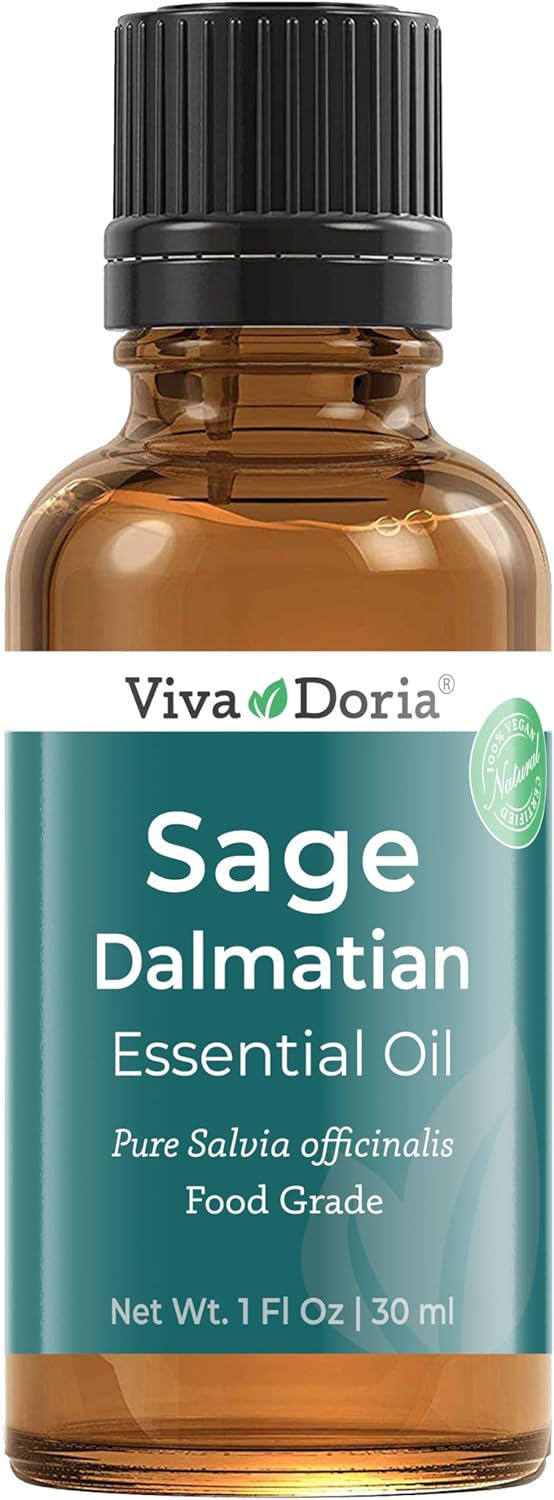 Viva Doria 100% Pure Sage Essential Oil, Undiluted Food Grade Oil, 1 Fluid Ounce (30 mL) Natural Aromatherapy Oil