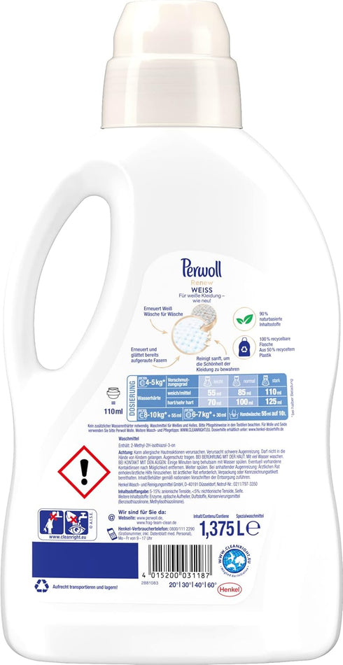 Perwoll Renew White Liquid Detergent, 25 Washes, Strengthens Fibers and Improves Color Intensity