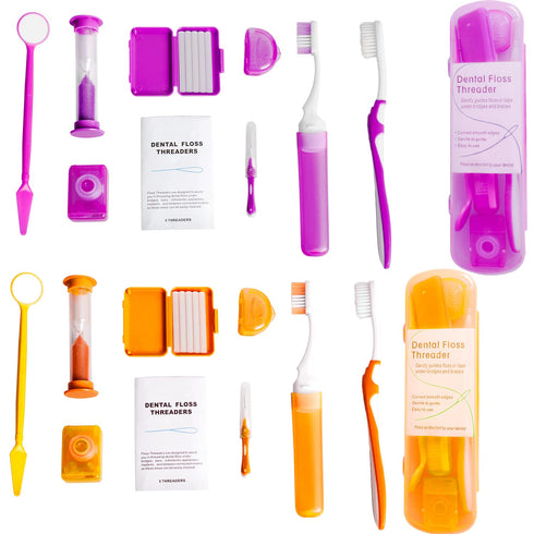Portable Orthodontic Oral Care Kit - 2 Pack Travel Kit for Patients, Floss Wax Toothbrush Cleaning (Purple & Orange)