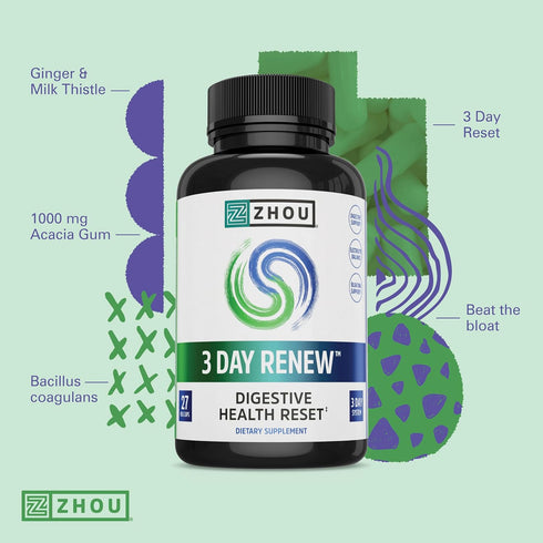 Zhou 3 Day Renew Digestive Health Reset, Bloating Aide with Alpha-Galactosidase, Probiotics, Electrolytes, 27 Veg Caps
