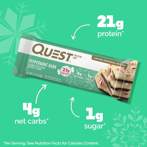 Quest Nutrition Peppermint Bark Protein Bar - 21g Protein, 4g Net Carb, 1g Sugar, Gluten Free, 12 Count