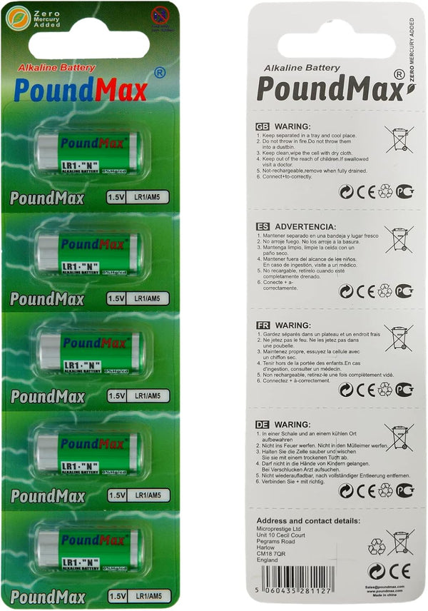 5 X PoundMax 910A LR1 N Type MN9100 1.5V Alkaline Batteries
