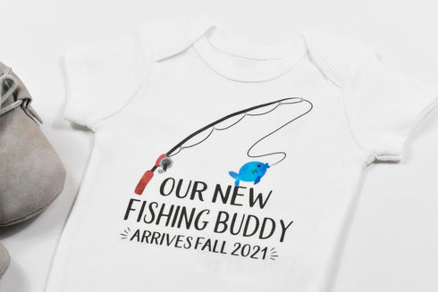 Our New Fishing Buddy Arrives - Customizable Pregnancy Announcement Baby Bodysuit - Personalized Reveal