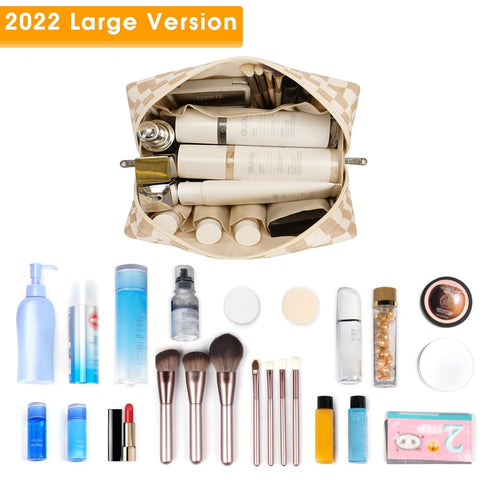 Large Light Checkerboard Makeup Bag Zipper Pouch Travel Cosmetic Organizer for Women (Large)