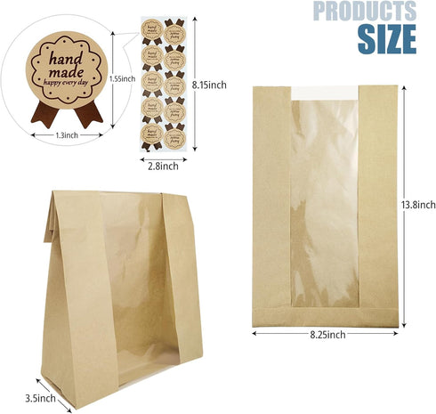 ZHJISHGUO 60 Packaging Pcs Bread Bags with Window - Large Kraft Paper Bakery Bags for Homemade Bread, Sourdough