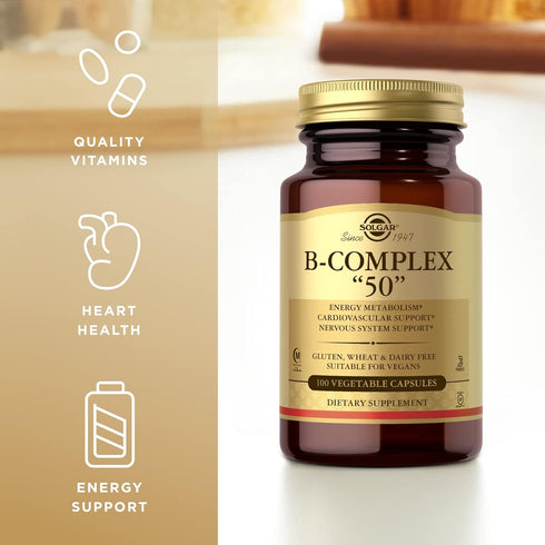Solgar B-Complex "50" - 100 Vegetable Capsules - Energy Metabolism, Cardiovascular & Nervous System Support