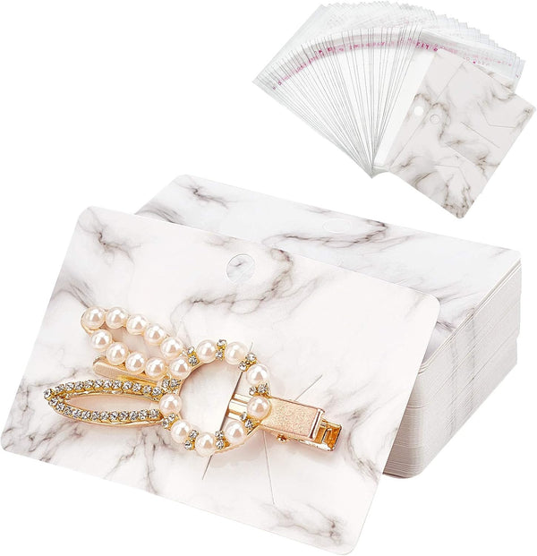 PH PandaHall 100pcs Hair Bow Holder, Marble Pattern Hair Clip Display Cards with 100pcs OPP Bags