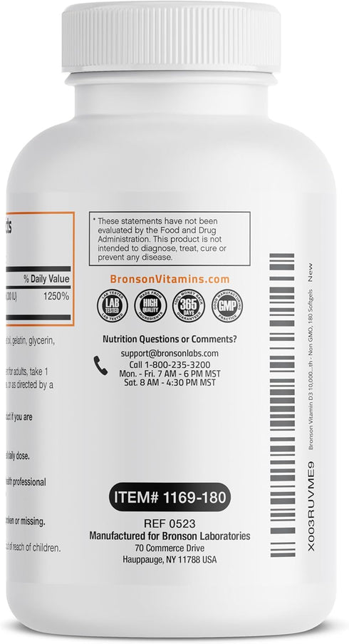Bronson Vitamin D3 10,000 IU (250 mcg) High Potency for Immune System, Strong Bones, 180 Softgels