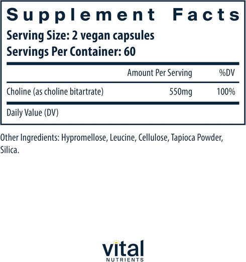 Vital Nutrients - Choline for Neurological Development and Health, 120 Vegetarian Capsules per Bottle, 550 mg
