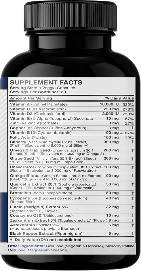 Lutein and Zeaxanthin Supplements for Eye Health with Astaxanthin, Omega 3, Resveratrol, Bilberry, Lycopene, Quercetin