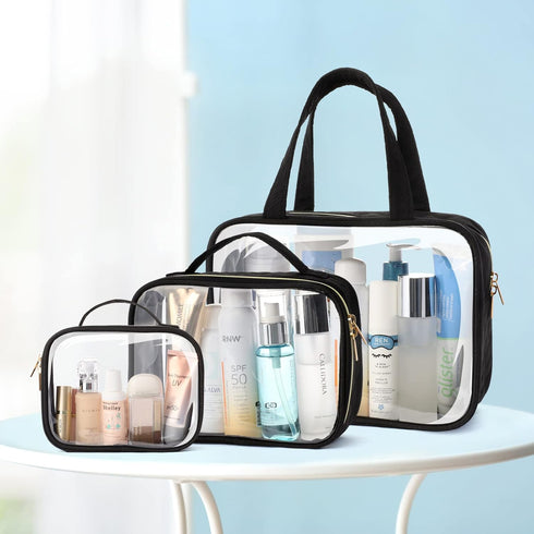 PACKISM Clear Toiletry Bags - 3 Pack Waterproof Clear Makeup Bags with Handle, Large Opening Travel Accessories, Black