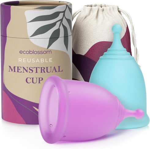 EcoBlossom Reusable Menstrual Cup Set, Medical Grade Silicone Period Cups, Comfortably Use for 12 Hours (Small & Large)