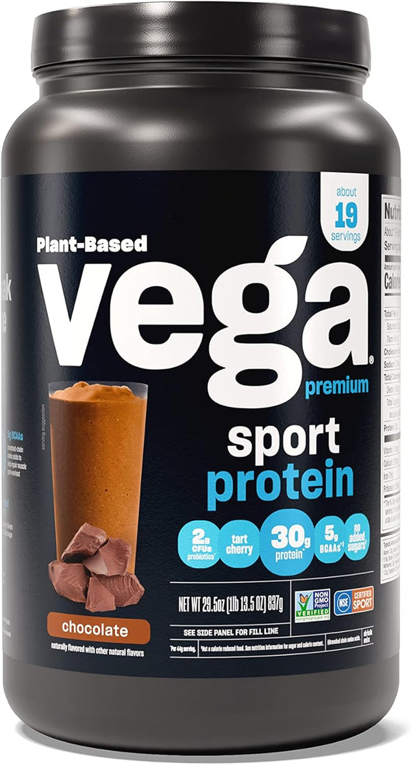 Vega Premium Sport Protein Chocolate Protein Powder - Vegan, Non-GMO, Gluten-Free Plant-Based Drink Mix, 29.5 oz
