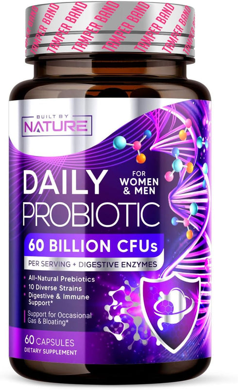 Built by Nature Probiotic | 60 Capsules | 60 Billion CFU with 10 Strains, Plus 8 Diverse Digestive Enzymes, and 4