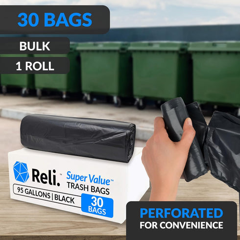 Reli. 95 Trash Bags Heavy Duty - 30 Trash Bags, Super Sizeable Black Garbage Bags for Serious Cleanup