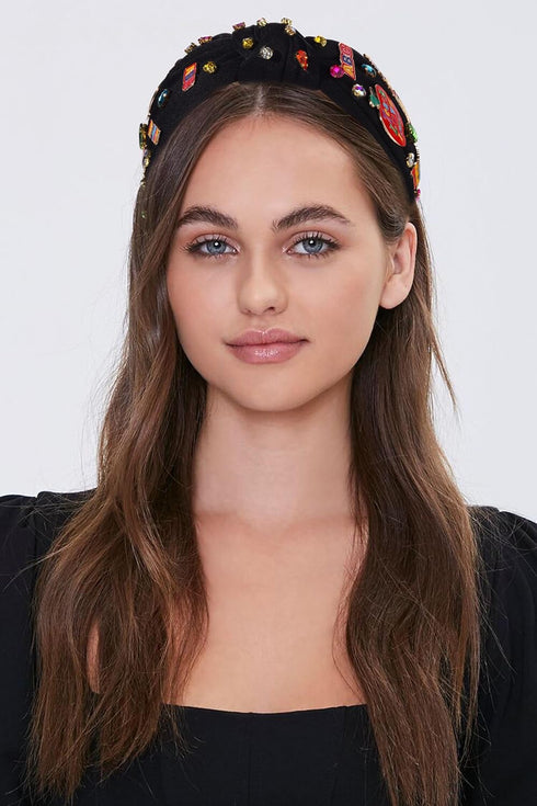 Teacher Headband Accessories, Colorful Rhinestone Crystal Jeweled Black Wide Top Knot FRI-YAY TEACHER Charm