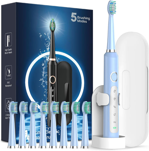 Rtauys M5 Rechargeable Sonic Electric Toothbrush - Power Toothbrush with 8 Brush Heads, Travel Case, Light Blue