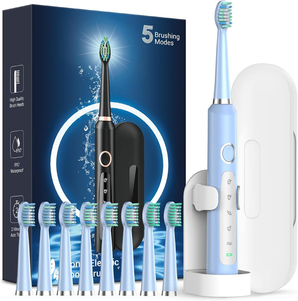 Rtauys M5 Rechargeable Sonic Electric Toothbrush - Power Toothbrush with 8 Brush Heads, Travel Case, Light Blue