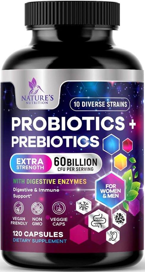 Daily Probiotic and Prebiotic Supplement, 60 Billion CFU Capsule for Women & Men, 10 Diverse Strains, 120 Capsules