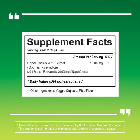 Nopal Cactus Extract 20,000mg - 120 Veggie Capsules for Antioxidant, Skin, Metabolism, Wellness & Heart Health Support