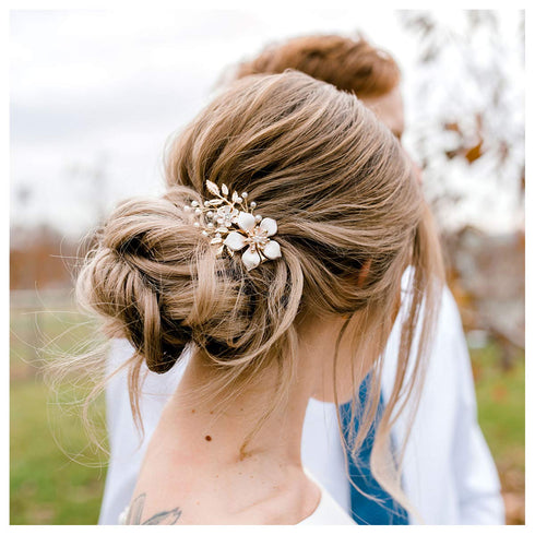 SWEETV Gold Bridal Hair Clip, Floral Hair Comb Barrette for Brides Wedding