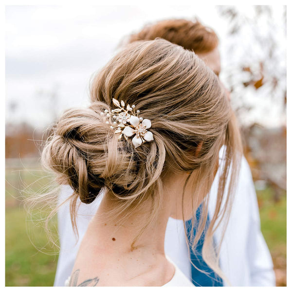SWEETV Gold Bridal Hair Clip, Floral Hair Comb Barrette for Brides Wedding