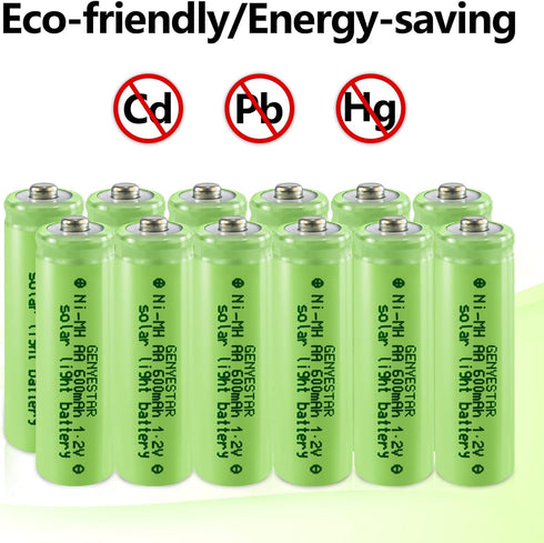 NiMH 1.2V 600mAh Rechargeable AA Batteries, Double A Rechargeable Batteries for Solar Lights, Mouse, Keyboard, 12 Pack