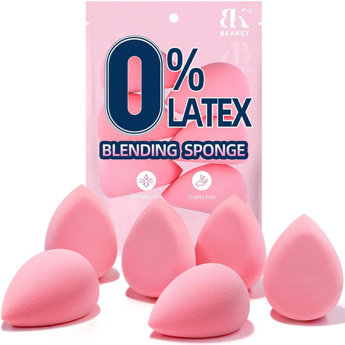 BEAKEY Flat Duo Makeup Sponge Set of 6 - Super Soft 0 Latex Blending Sponge for Flawless Application, Pink