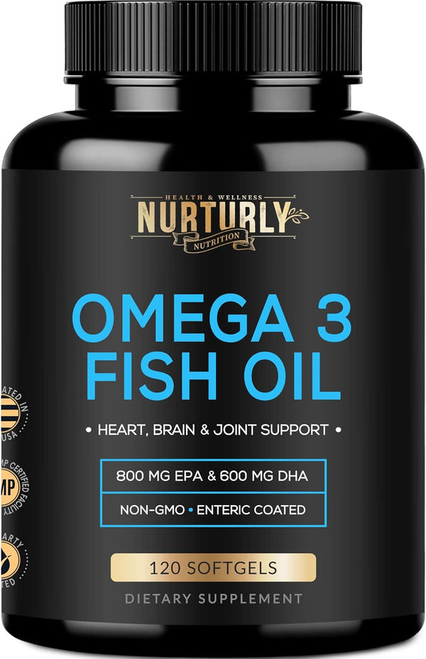 Omega 3 Fish Oil 2000mg, 800mg EPA, 600mg DHA - Burpless, Non-GMO, 120 Softgels for Joint and Heart Support