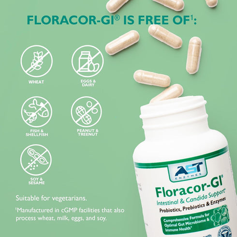 Floracor Supports Gut & Intestinal Health, Premium Probiotic, Prebiotic and Enzyme Formula, 60 Vegetarian Capsules