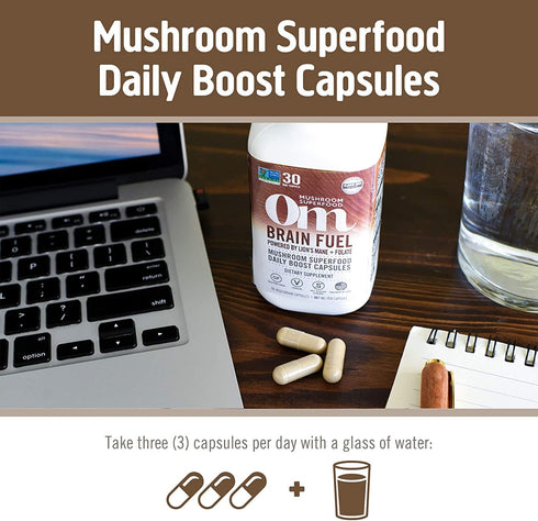 OM Mushroom Superfood Brain Fuel Mushroom Powder Capsules, 90 Count, Lion's Mane & Reishi Blend