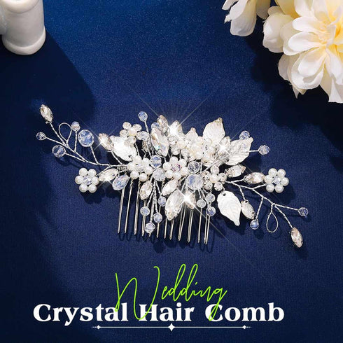 JEAIRTS Crystal Hair Comb, Silver Bridal Pearl Headpiece Wedding Hair Accessories for Women