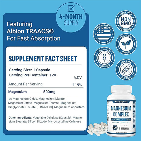 Purely Optimal Magnesium Complex - High Absorption 6 Forms Magnesium for Sleep Support, Stress Relief, 120 Capsules