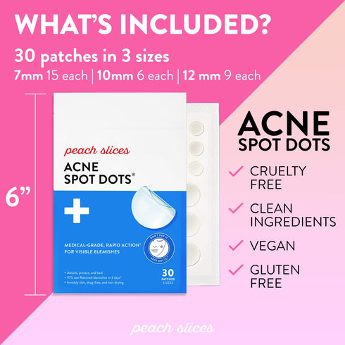 Peach Slices Acne Spot Dots Hydrocolloid Pimple Patches for Zits, Blemishes & Breakouts, Vegan, 30 Ct (3 Sizes)